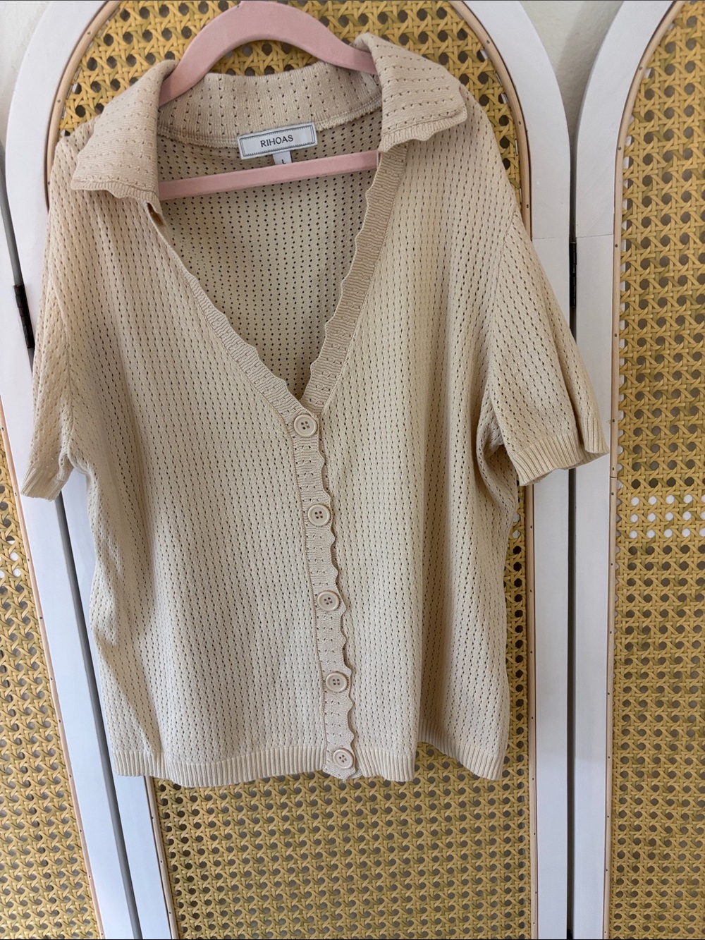RIHOAS Cream Short-Sleeve Knit Button-Down Top